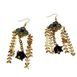 Blue green earrings fancy dangle gold tone handmade